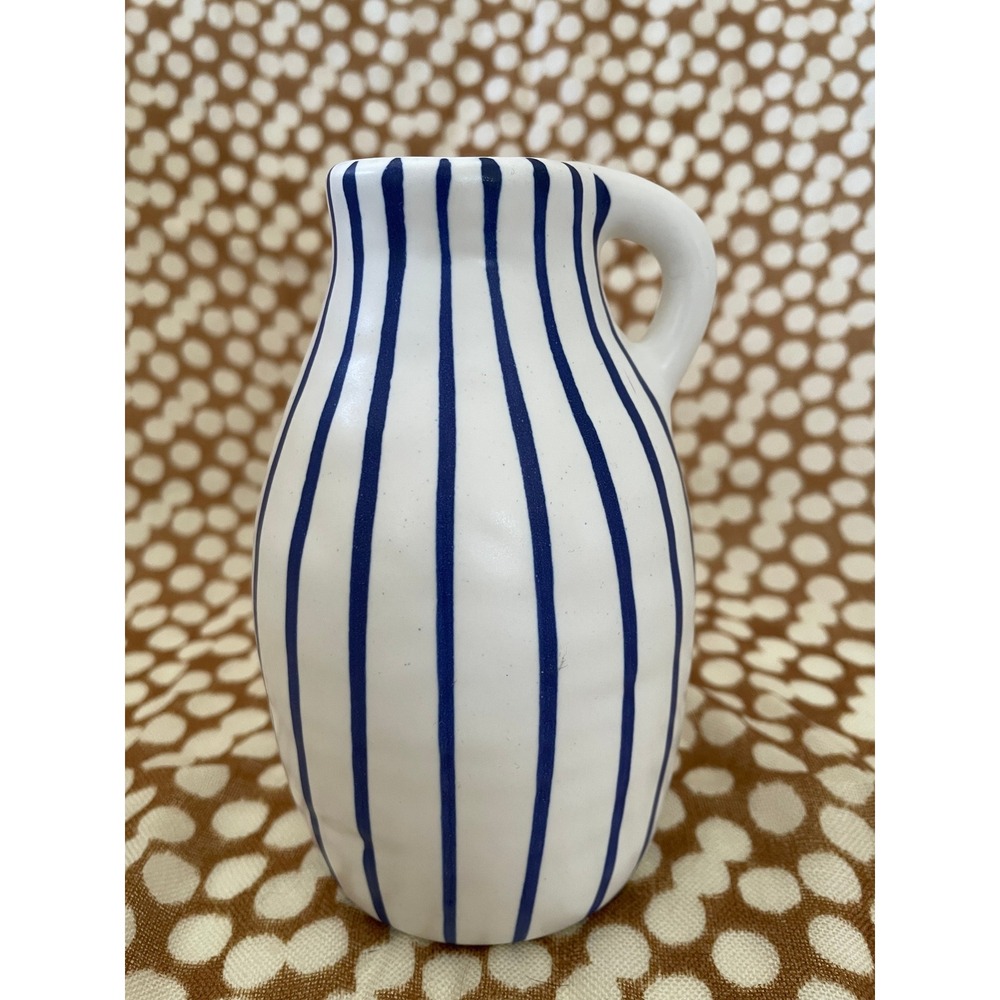 Ikea White Ceramic Pitcher Vase with Blue Stripes‎ Scandinavian Modern Decor